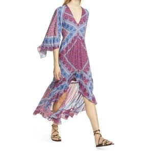 Ba&sh USSO Mixed Print High Low midi Dress Paisley Pink Blue Bell Sleeve boho